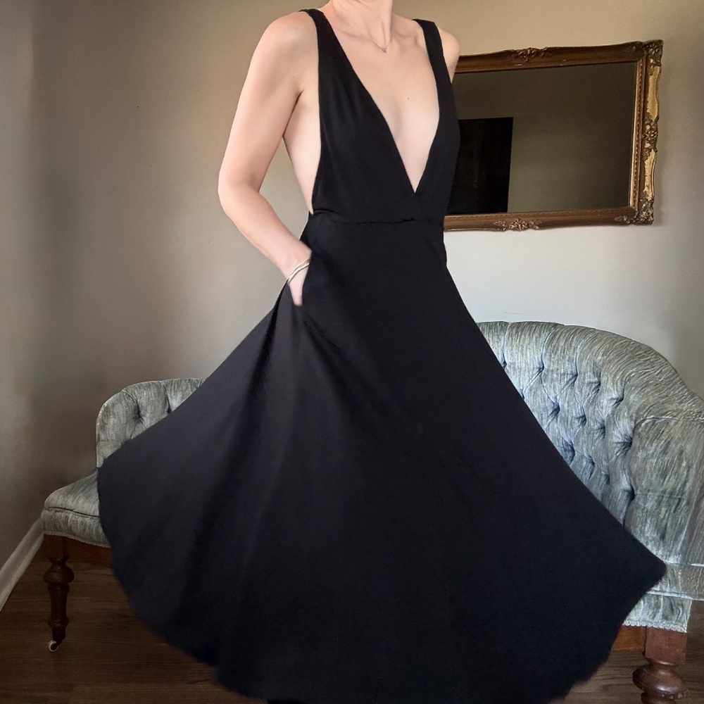 Reformation Black Plunge V Back Midi Dress Wedding Guest Small